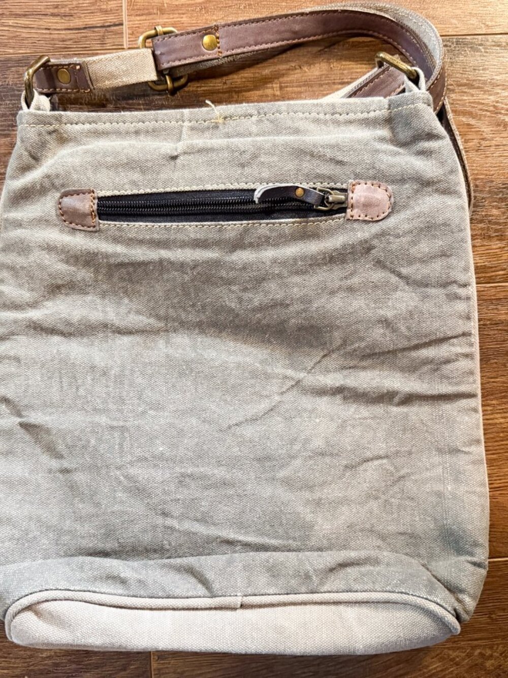 Mona B “Identified” Upcycled Canvas Crossbody Bag Vegan Leather Distressed - Picture 9 of 10